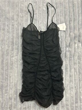 Auden Black Ruched Mesh Mini Dress with Spaghetti Straps